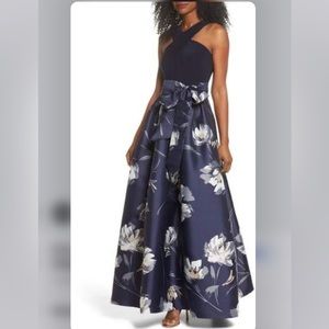 Eliza J Crisscross Neck Jacquard Navy Belted Formal Ballgown Dress 10